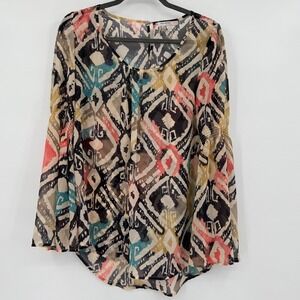 Blu Pepper Vintage Womens Boho Ikat Bell Sleeve Blouse‎ Size M Sheer Top